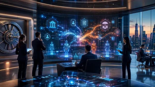 AI agents oversee automated banking and insurance risk decisions in a futuristic finance control room.
