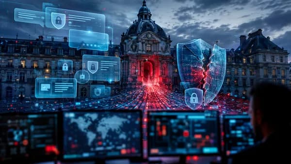 French government messaging breach shown as leaking encrypted chat bubbles and broken digital shields.