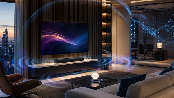 Compact soundbar in a modern apartment with glowing immersive audio waves and futuristic tech accents.