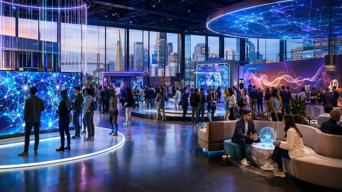 Futuristic San Francisco tech event hub with competing stages, screens, and networking crowds