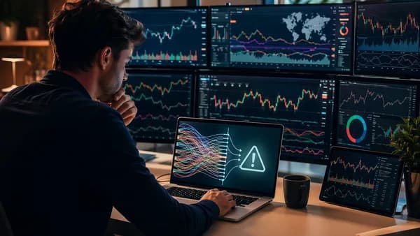 Trader reviews charting software on an unbranded laptop with market data screens.