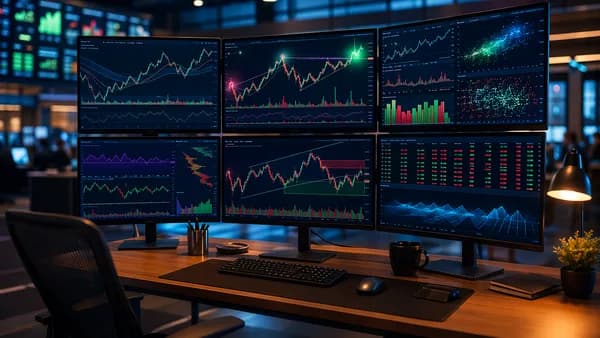 Trader workstation with abstract market charts and software alerts highlighting swing trading setups.