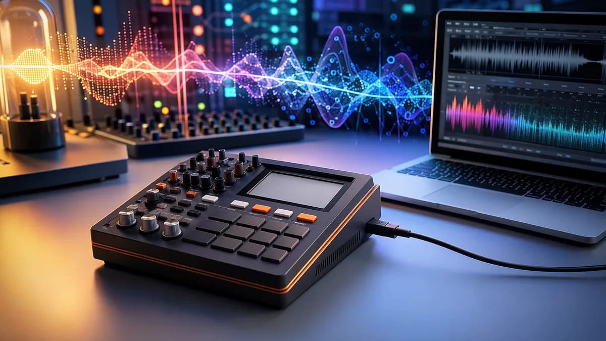Compact sampler in a futuristic studio with glowing waveforms and USB audio setup