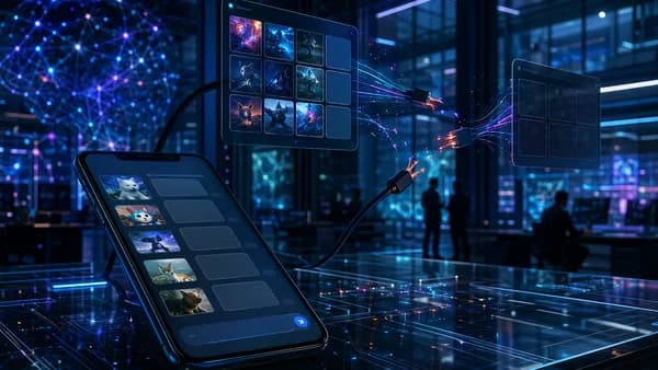 Smartphone chat GIF tiles fading as disconnected data streams suggest search access being shut off.