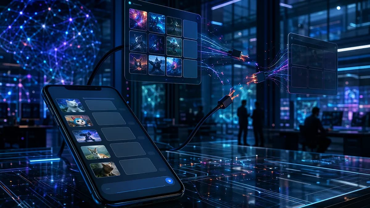 Smartphone chat GIF tiles fading as disconnected data streams suggest search access being shut off.