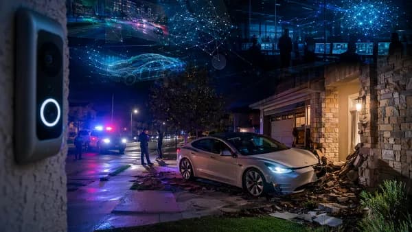 Doorbell camera view of a generic electric car crash at a home with AI investigation visuals.