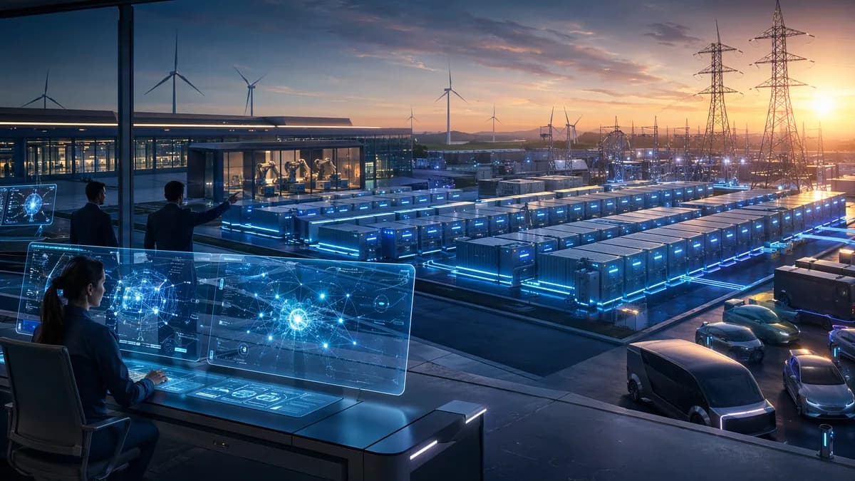 Futuristic grid battery hub with engineers, EV silhouettes, neural networks, and glowing energy systems.