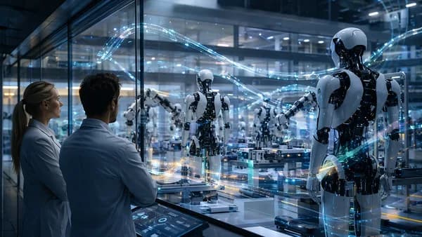 Humanoid robots in a futuristic lab with glowing digital finance rails symbolizing stablecoin-backed robotics funding.