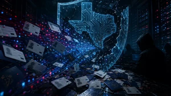 Dark cybersecurity scene with Texas-shaped circuitry, cracked shield, blank IDs, passports, and stolen data streams.