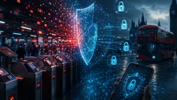 London transport cyberattack scene with cracked digital shield, data streams, locks, and dark security atmosphere
