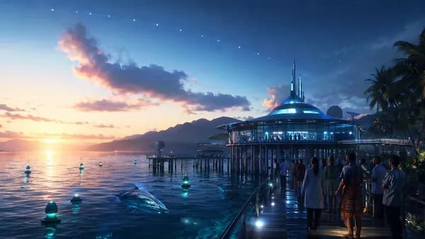 Wide establishing shot of a near-future Pacific coastal observatory built on stilts above dark water, satellite constellations faintly visible in a clear twilight sky, whale-monitoring buoys glowing softly, scientists and local residents gathered quietly 
