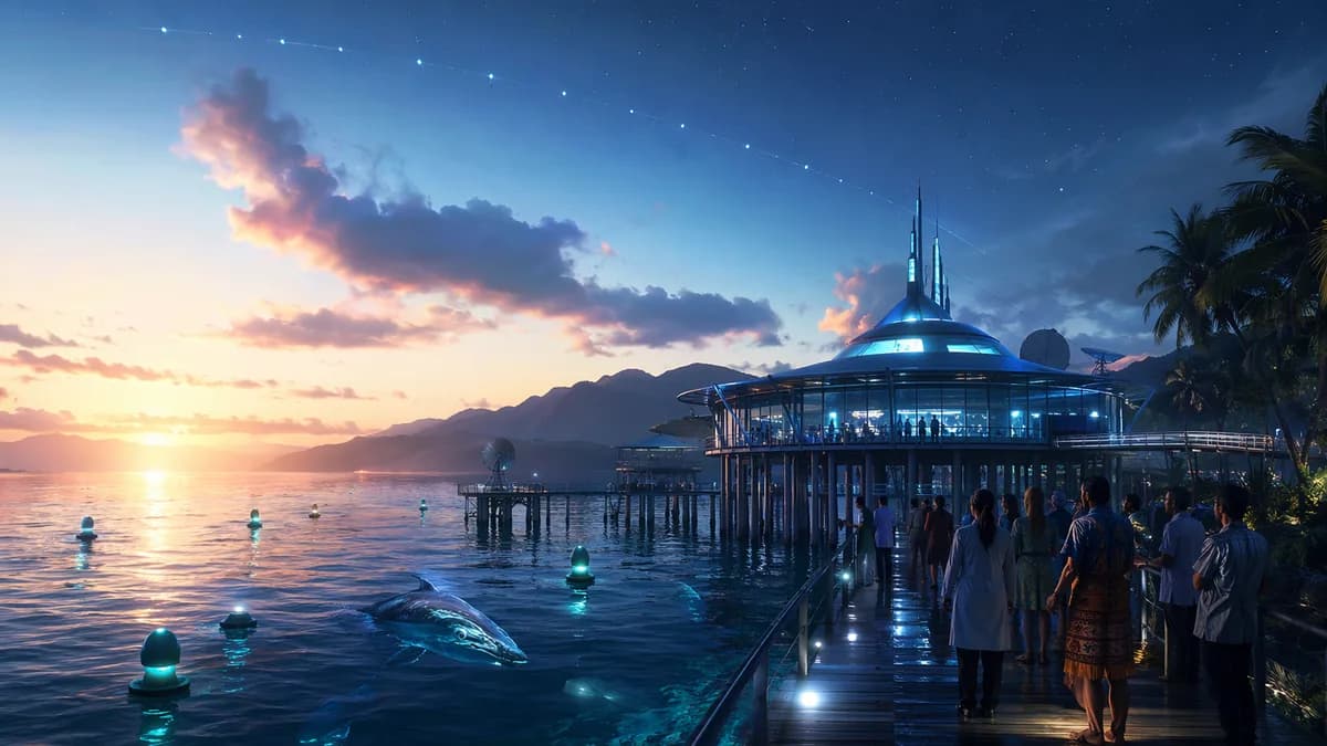 Wide establishing shot of a near-future Pacific coastal observatory built on stilts above dark water, satellite constellations faintly visible in a clear twilight sky, whale-monitoring buoys glowing softly, scientists and local residents gathered quietly 
