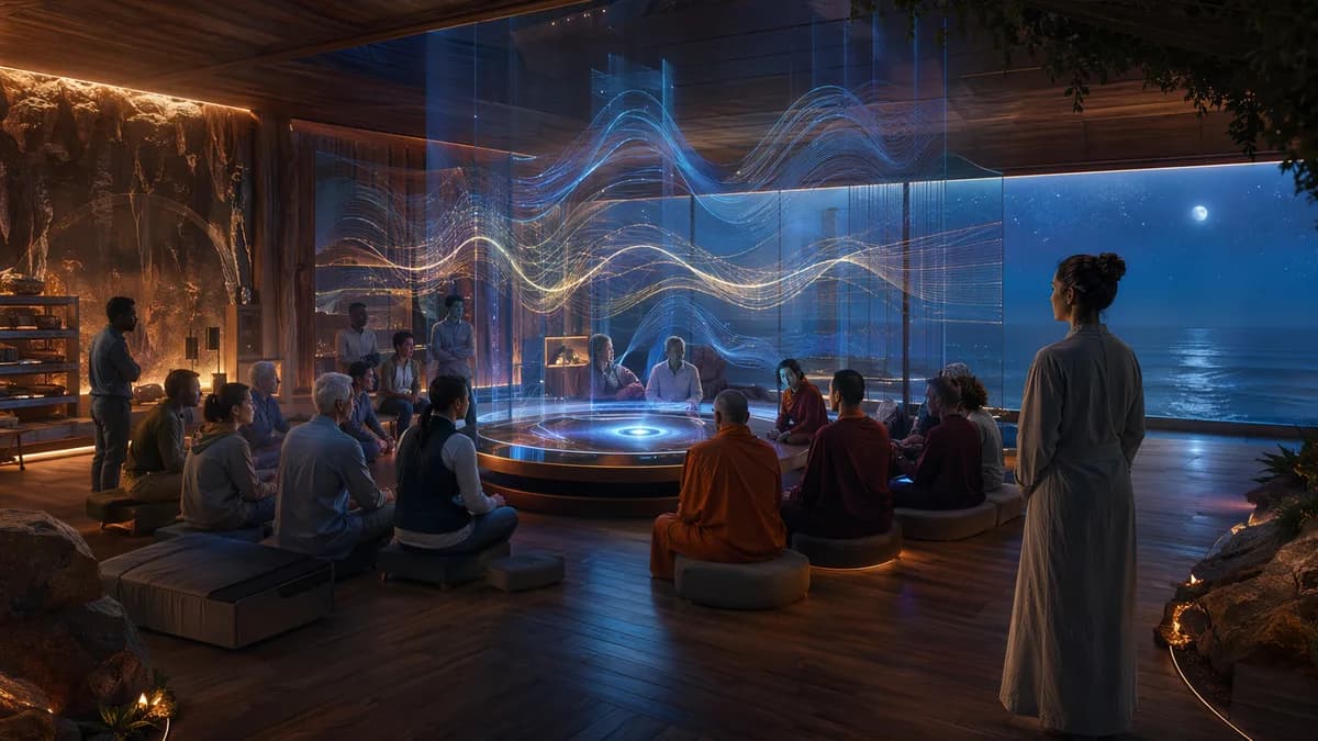 Medium scene inside a warm, wood-and-glass listening room overlooking the ocean at night, diverse team of researchers, monks, engineers, and teenagers watching abstract waveforms projected as floating light patterns, Leena Or standing apart in thoughtful 