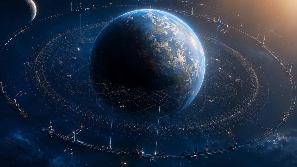 Detail/concept image of Earth surrounded by delicate orbital infrastructure dimming into quiet mode, fine rings of interplanetary dust reflecting a subtle geometric pattern of light between the Moon and the planet, serene cosmic composition with a sense o