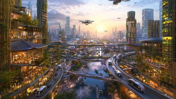 Wide establishing shot of a 2060 Seoul-Kyoto hyper-connected smart city at dawn, layered autonomous transport lanes weaving between bamboo-clad towers, drone ferries moving above misty canals, vertical farms glowing green inside skyscrapers, rooftop marke