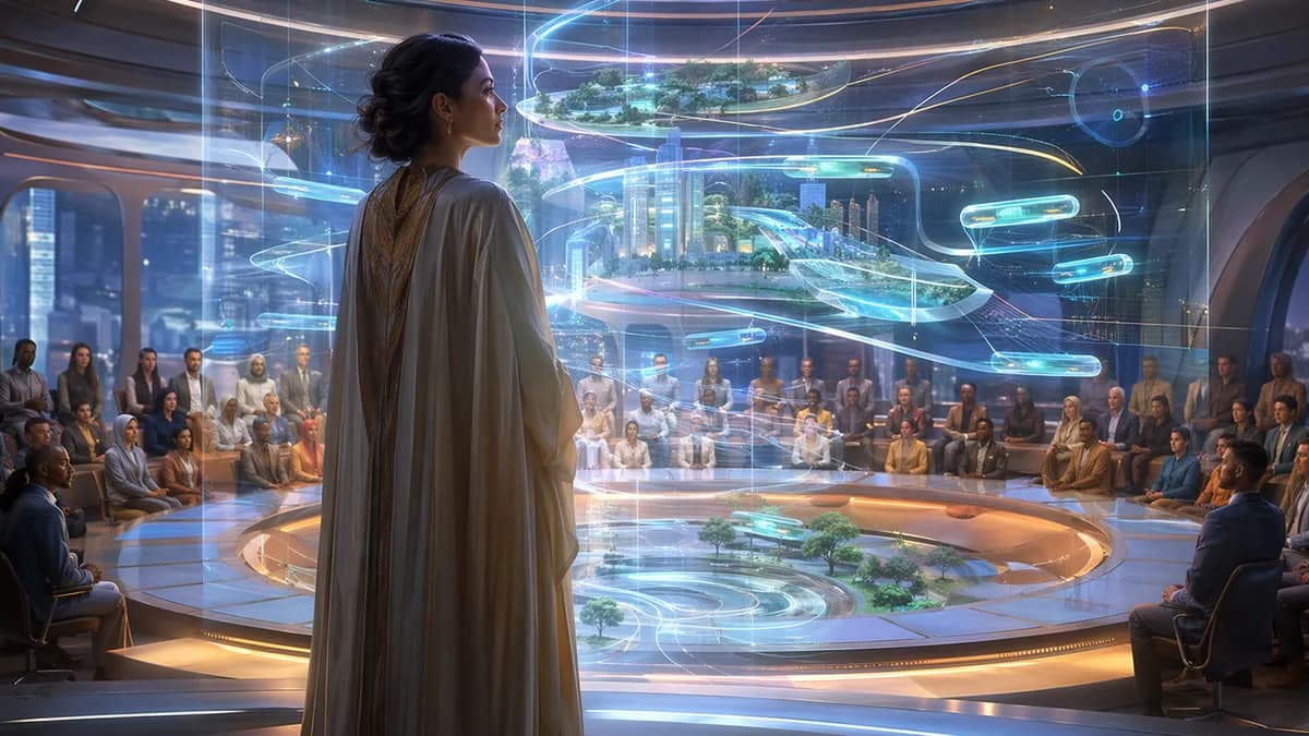 Medium scene inside a luminous municipal Flow Room, Mina Sayegh standing before transparent floating transit simulations while diverse city council citizens sit in a circular deliberation chamber beyond her, soft blue and amber light reflecting from data 