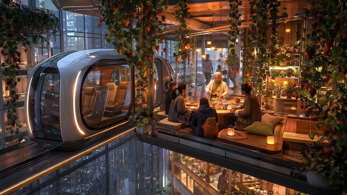 Detail/concept image of an indoor vertical farm transit stop suspended between residential floors, autonomous pod paused beside hanging strawberry vines, elderly host pouring tea for commuters at a small communal table, warm greenhouse light, rain-speckle