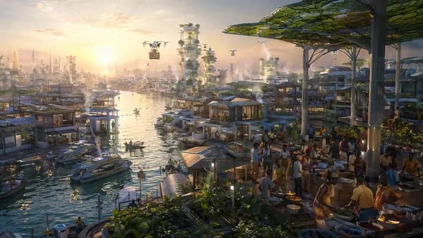 Wide establishing shot of Makoko-Brightwater in 2047, a floating Lagos district of modular homes, algae canopies, solar skins, soft mist towers, repair drones, and water taxis moving through calm canals at sunrise; residents gather in open communal kitche