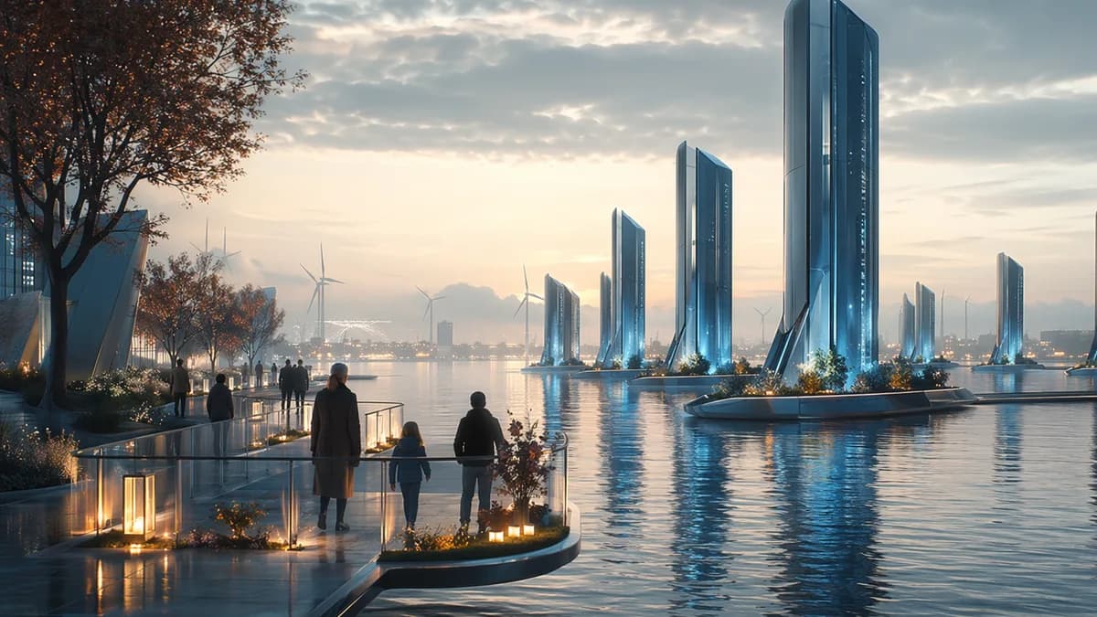 Wide establishing shot of a floating memorial district in 2069 Copenhagen, sleek tidal-cooled server towers rising from calm gray-blue water, wind turbines on the horizon, families walking along quiet glass promenades with small lantern-like memorial devi