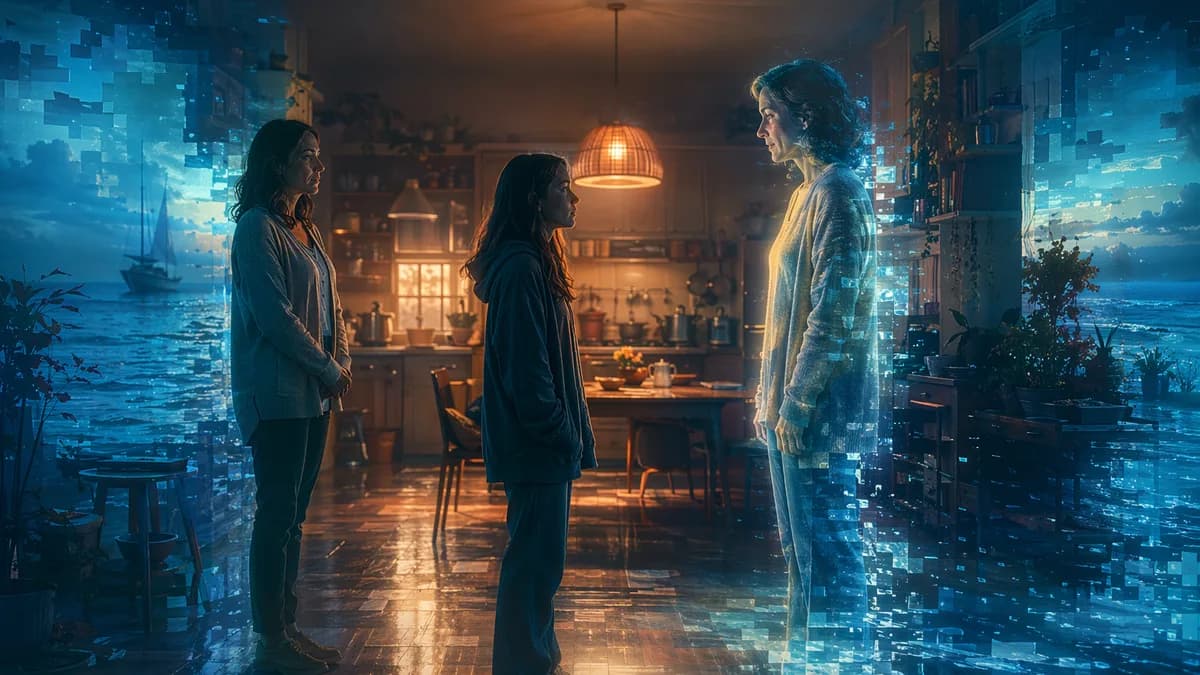Medium scene inside a softly lit memory room that resembles a warm family kitchen but subtly glitches into oceanlike digital fragments at the edges, a grieving teenage girl facing a luminous life-sized projection of her mother while another woman watches 