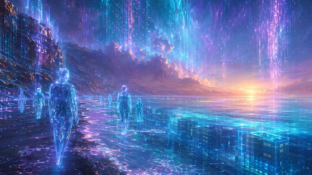 Detail/concept image of an abstract digital afterlife shoreline: translucent human silhouettes walking along a luminous data-sea under aurora-like streams of code-shaped light, server architecture faintly visible beneath the water, atmosphere of calm tran