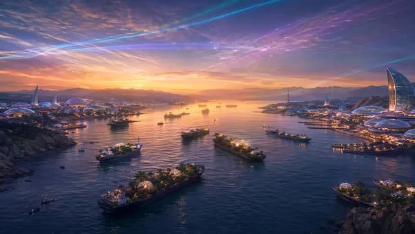 Wide establishing shot of the Strait of Hormuz at dusk in 2056, calm water with decommissioned oil tankers converted into floating gardens, sleek fusion domes glowing softly on both coasts, vast rectenna sail arrays and faint aurora-like wireless energy p