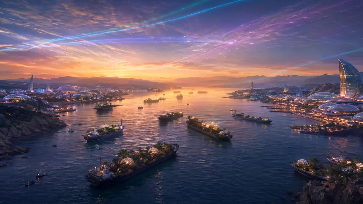 Wide establishing shot of the Strait of Hormuz at dusk in 2056, calm water with decommissioned oil tankers converted into floating gardens, sleek fusion domes glowing softly on both coasts, vast rectenna sail arrays and faint aurora-like wireless energy p