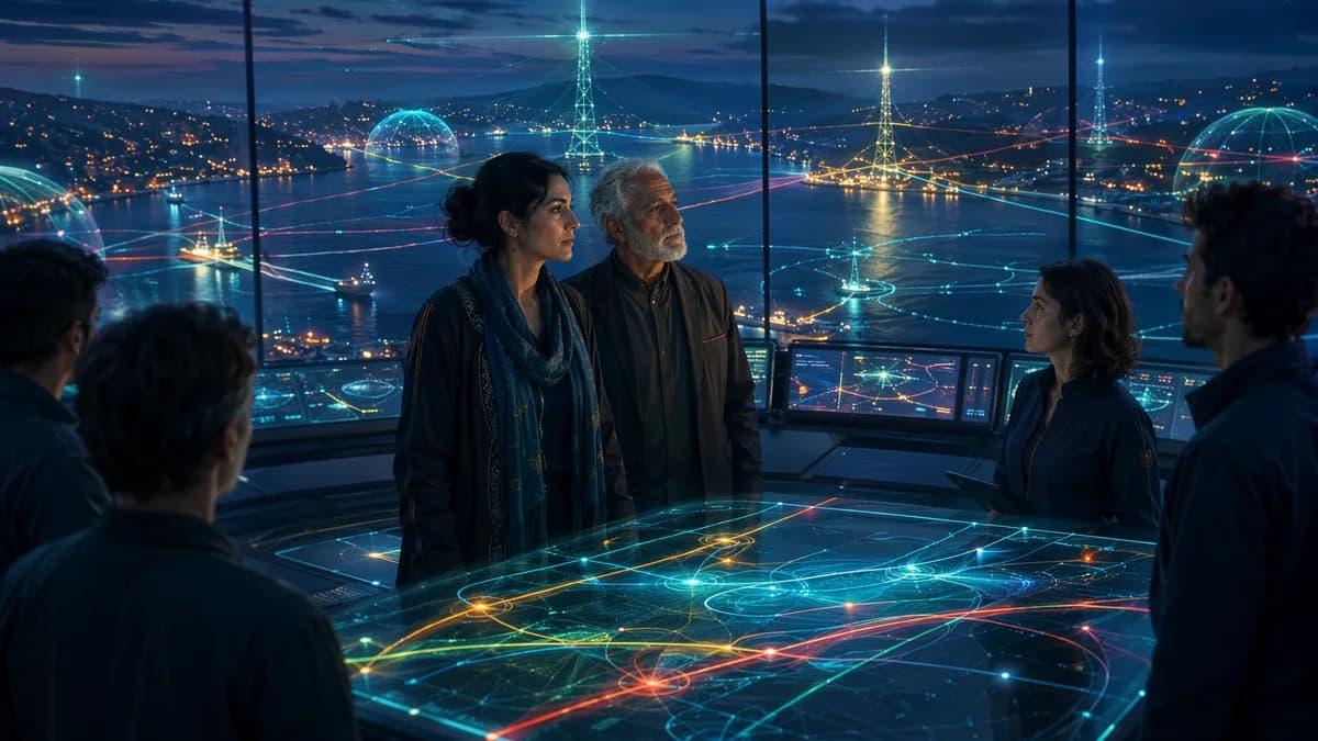 Medium scene inside a glass-walled beam harbor control room overlooking the strait at night, Samira al-Basri standing with her elderly former tanker-pilot father and young engineers, abstract holographic beam maps shown only as colored lines and shapes, c