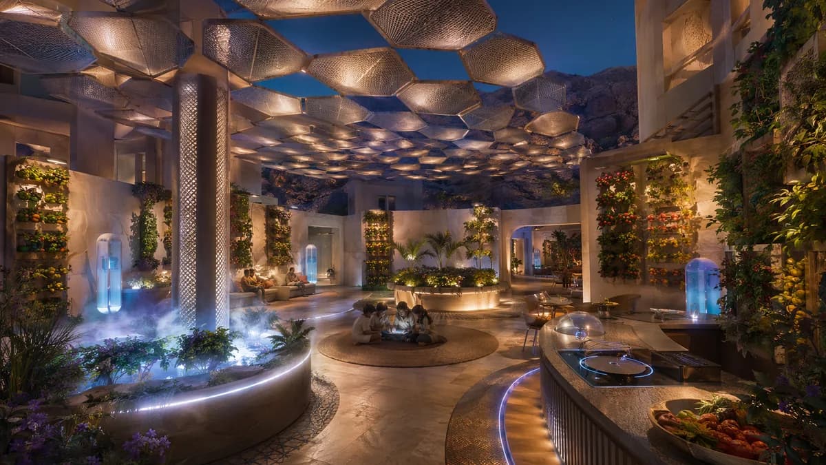 Detail/concept scene of a Musandam apartment courtyard transformed by wireless fusion power: woven receiver tiles forming a shade canopy, cool mist from desalination planters, induction cooking stations, children reading under soft ambient light, vertical