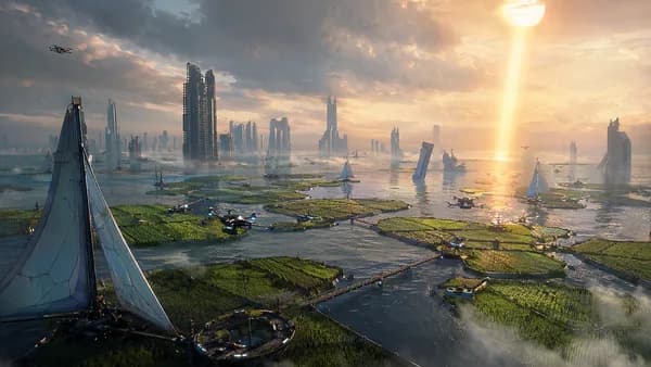 Wide establishing shot of a floating rice archipelago in a future Manila Bay, modular farms linked by narrow bridges, solar sails and autonomous farm drones moving over green paddies, drowned skyscraper tops in the distance, a misaligned orbital mirror ca