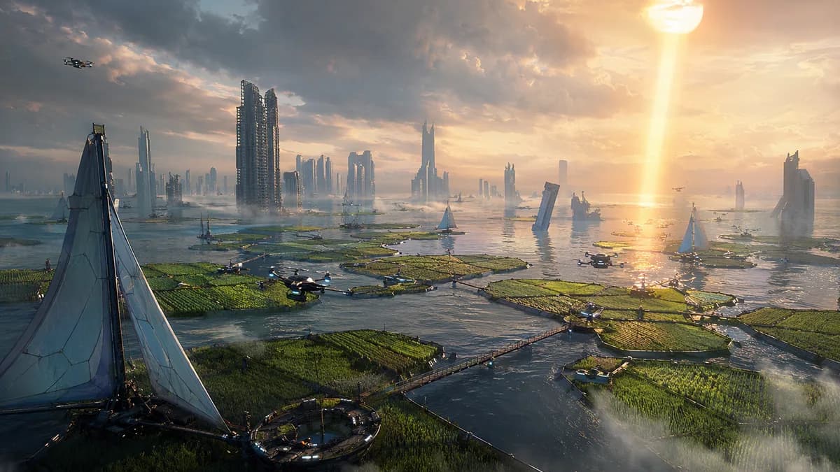 Wide establishing shot of a floating rice archipelago in a future Manila Bay, modular farms linked by narrow bridges, solar sails and autonomous farm drones moving over green paddies, drowned skyscraper tops in the distance, a misaligned orbital mirror ca