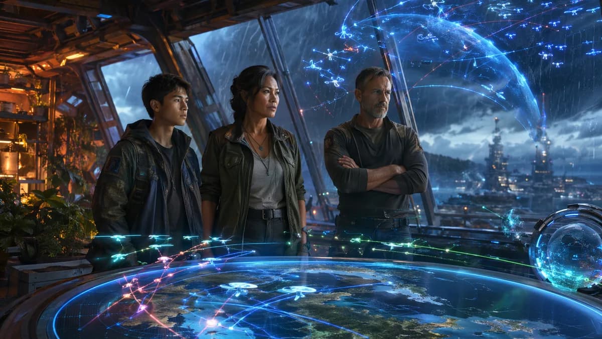 Medium scene inside a cooperative control room built from reclaimed ship hulls and transparent screens, Mira Solano, a middle-aged Filipino agronomist, standing with a teenage drone mechanic and an ex-military ethicist as holographic satellite paths and d