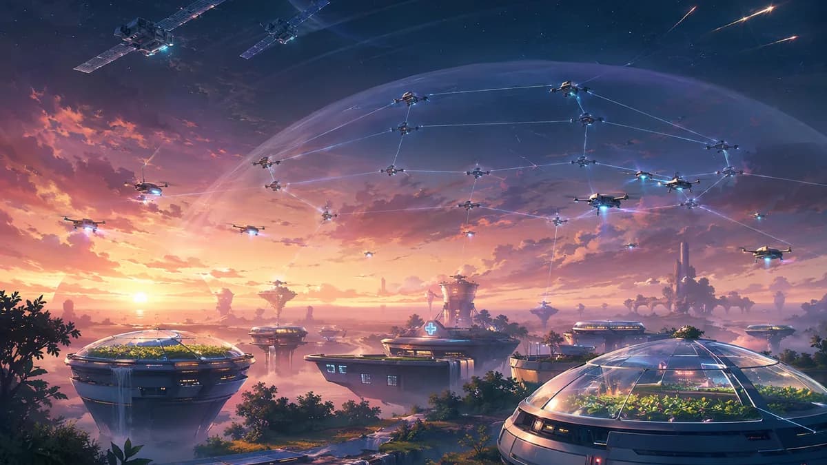 Detail concept image of autonomous farm drones and small defensive sensor pods forming a protective geometric pattern above floating seed vaults and clinic roofs, with low-orbit satellites and tiny interceptor trails visible in the twilight sky, emphasizi