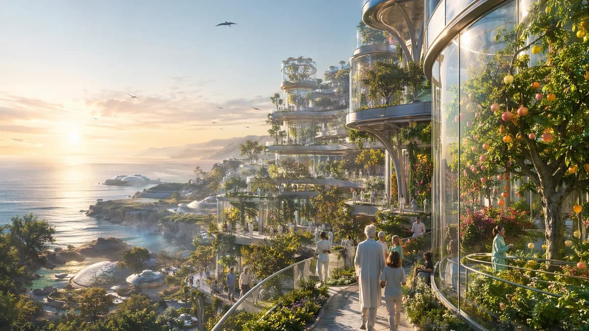 Wide establishing shot of a coastal vertical biotech orchard in 2071, terraced glass greenhouses rising beside a restored shoreline, elderly and young patients walking among luminous fruit trees engineered for medicine, soft dawn haze over the ocean, hope