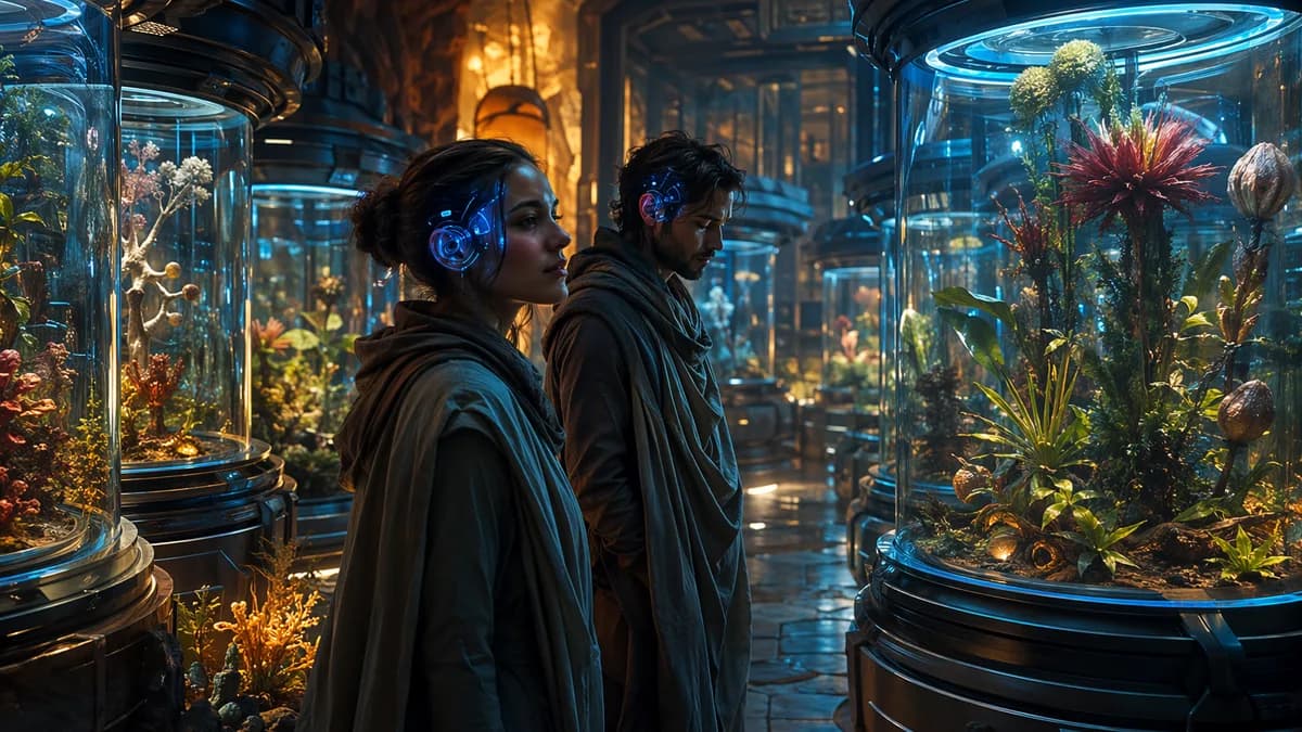 Medium scene inside an underground seed vault with Mara and Ivo standing among transparent climate pods filled with strange heirloom plants, glowing neural interface halos subtly visible near their temples, warm amber light contrasting with cool blue biot