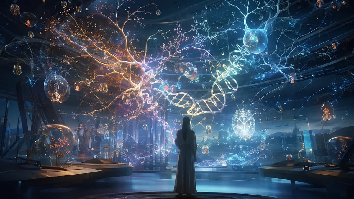 Detail concept image of a living continuity map projected as translucent branching roots and neurons intertwined with gene-editing patterns, small preserved memory fragments appearing as glowing seeds suspended in air, elegant medical interface aesthetic,