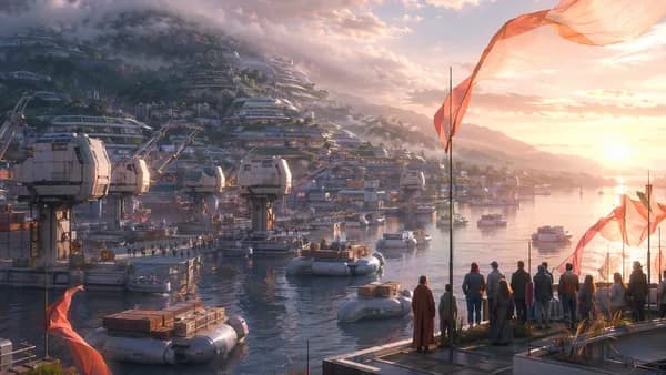Wide establishing shot of a near-future Pacific harbor in 2068, autonomous soft-bodied cargo robots moving containers silently beneath retired human crane cabins, terraced green city rising behind the docks, morning fog and warm sunrise reflecting on wate