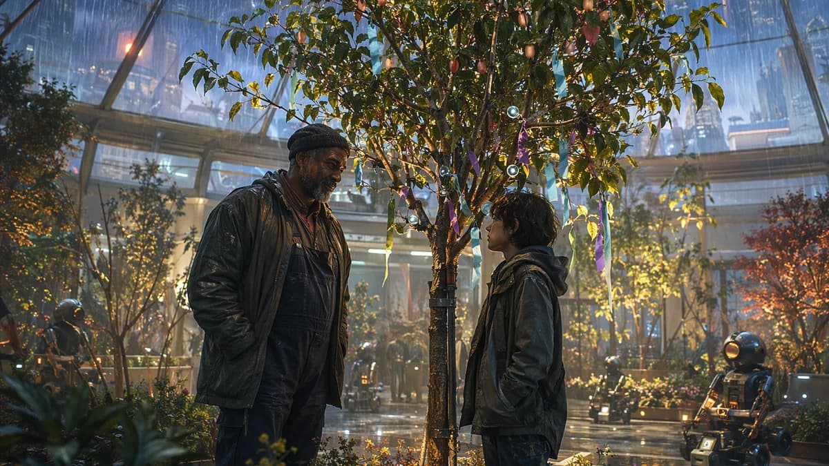 Medium scene inside a municipal Memory Orchard greenhouse, a middle-aged former dockworker and a teenage climate migrant standing beside a young grafted fruit tree with colored biodegradable ribbons and sensor beads, small pruning robots waiting respectfu
