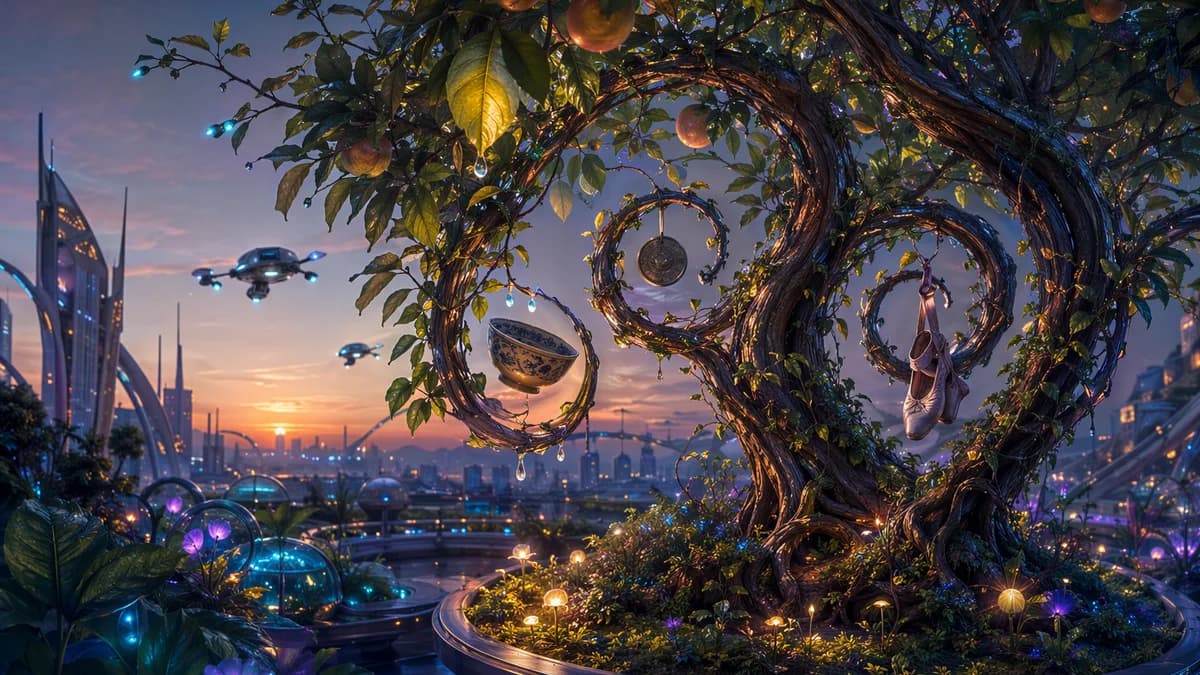 Detail/concept image of a living fruit tree shaped into gentle spirals around suspended memory objects such as a ceramic bowl, a transit token, a faded dance shoe, and water droplets on leaves, tiny maintenance drones hovering at a distance, twilight glow