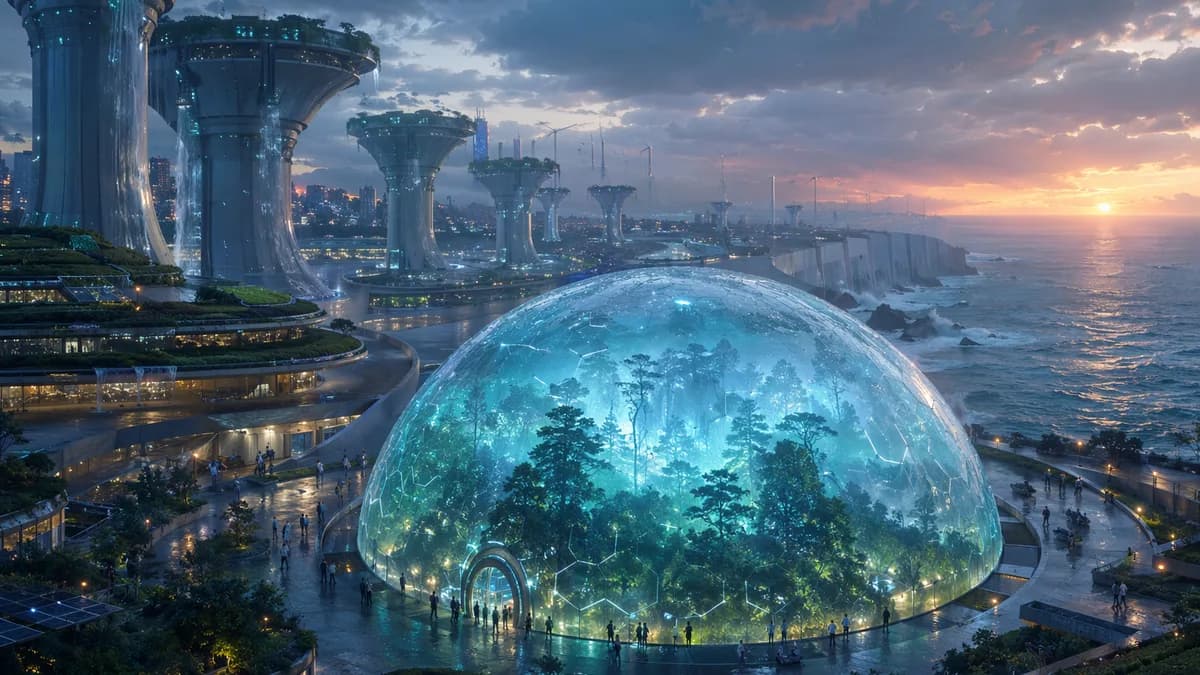 Wide establishing shot of a near-future coastal city in 2079 with rain-collection towers, pale seawalls, rooftop moss farms, and a glowing public immersion dome at dusk; beyond the glass dome, a virtual forest is faintly visible as layered holographic sil