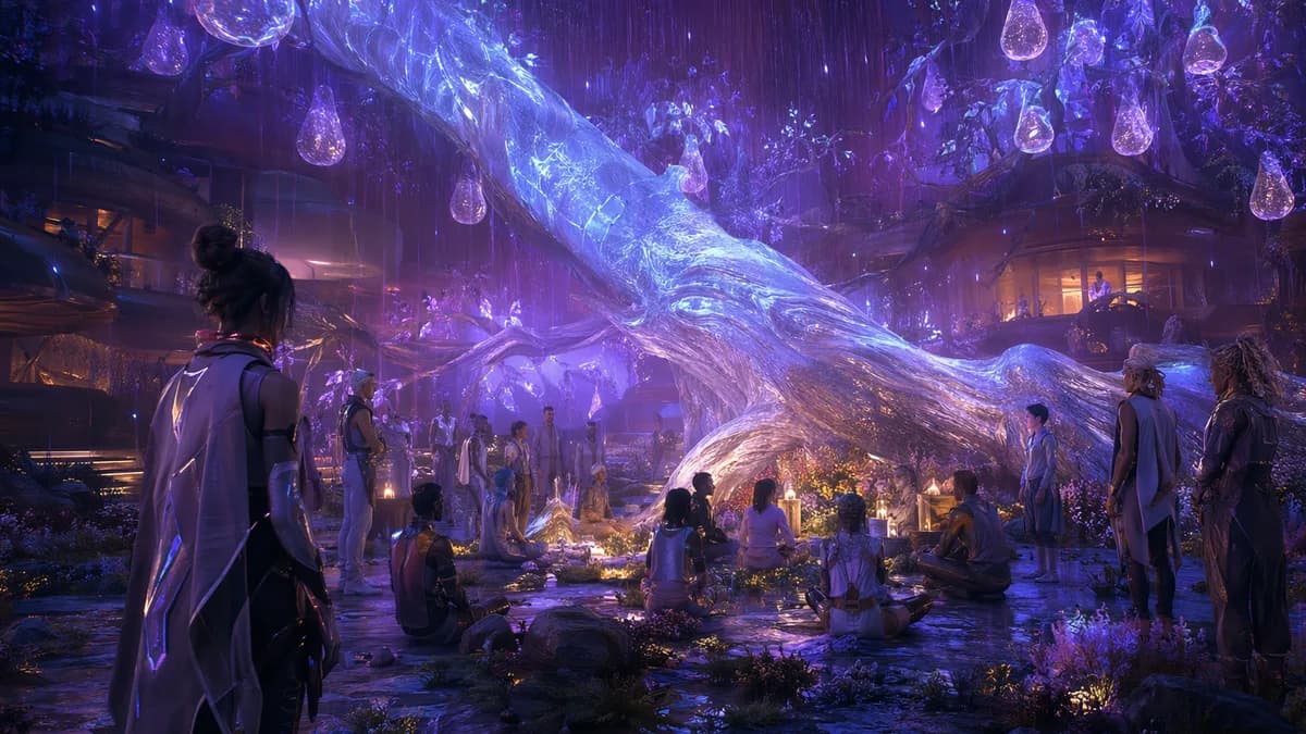Medium scene inside a full-immersion virtual forest village where translucent pear trees bloom under an impossible violet rain; diverse digital villagers in simple adaptive clothing gather around a fallen luminous tree for a solemn ritual while Mara's ava