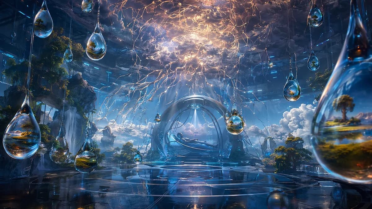 Detail/concept image of a suspended neural archive chamber: floating droplets contain tiny reflected landscapes, a human silhouette rests in an immersion cradle in the background, and branching data streams resemble roots growing into clouds; contemplativ
