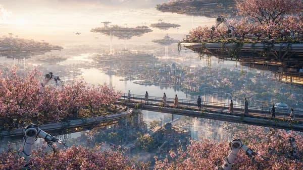 Wide establishing shot of a floating agricultural district above a restored river-city in 2058, terraced peach orchards suspended on modular platforms, quiet robots pruning trees under soft dawn mist, citizens strolling without hurry on garden bridges, wa