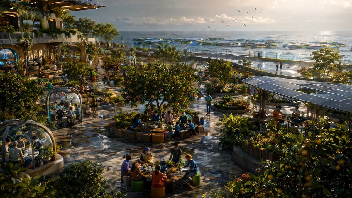 Wide establishing shot of a repurposed 2050 coastal school transformed into a lush community learning orchard, with solar canopies, neural learning pods under fruit trees, children and adults working in mixed-age project groups, ocean seawall and floating