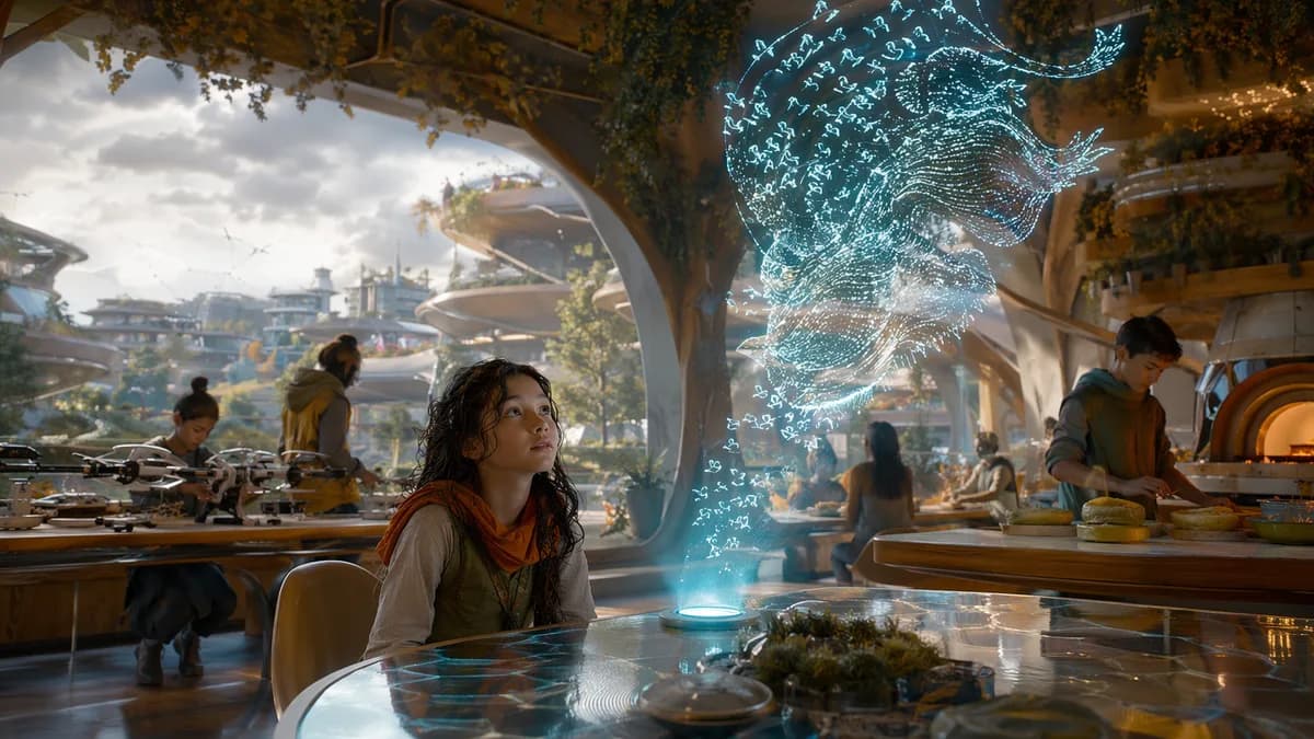 Medium scene inside an open-air learning commons where Mina, a thoughtful twelve-year-old girl with rain-curled hair, sits near a translucent AI tutor projection shaped like shifting birdsong patterns, while other learners build sensor drones and cook alg