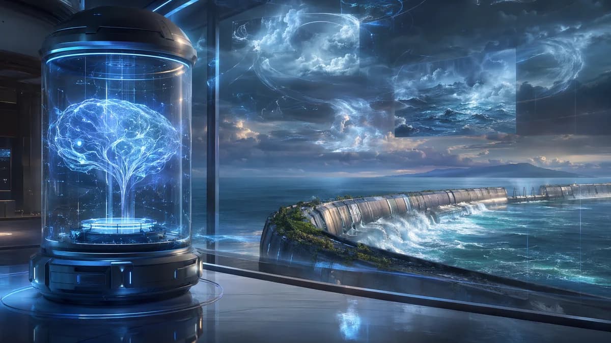 Detail/concept image of a neural knowledge transfer pod beside a living seawall model, with soft blue light, floating abstract weather patterns, memory-like fragments of waves and storm clouds reflected in glass, no human close-up, contemplative mood abou