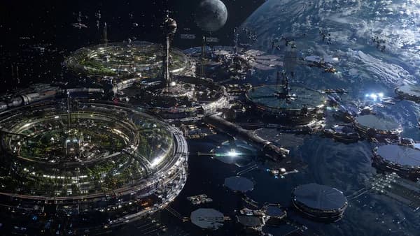 Wide establishing shot of Lagrange Orchard, a vast orbital satellite repair habitat at Earth-Moon Lagrange point, shaped like interlinked greenhouse rings and drone docks, Earth glowing blue in the distance, tiny maintenance drones moving among solar arra