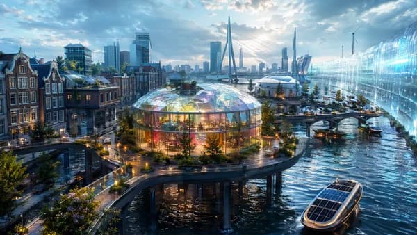 Wide establishing shot of near-future Rotterdam after a storm, canal houses raised on adaptive foundations, translucent sea walls glowing softly, solar boats moving through flooded streets, a public nursery with shimmering quantum-designed glass windows a