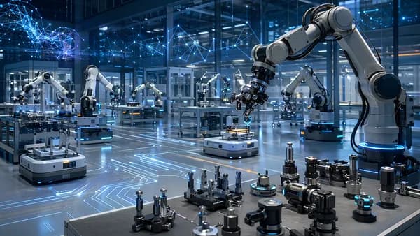 Modular factory robots reconfigure tools in a futuristic AI-powered manufacturing workspace.