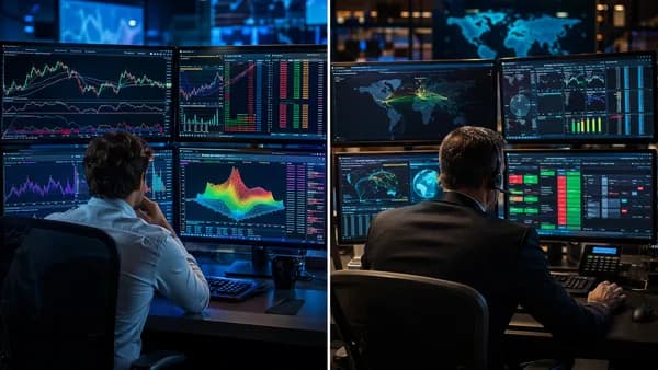 Split trading desk comparing charting tools with execution and global market access.